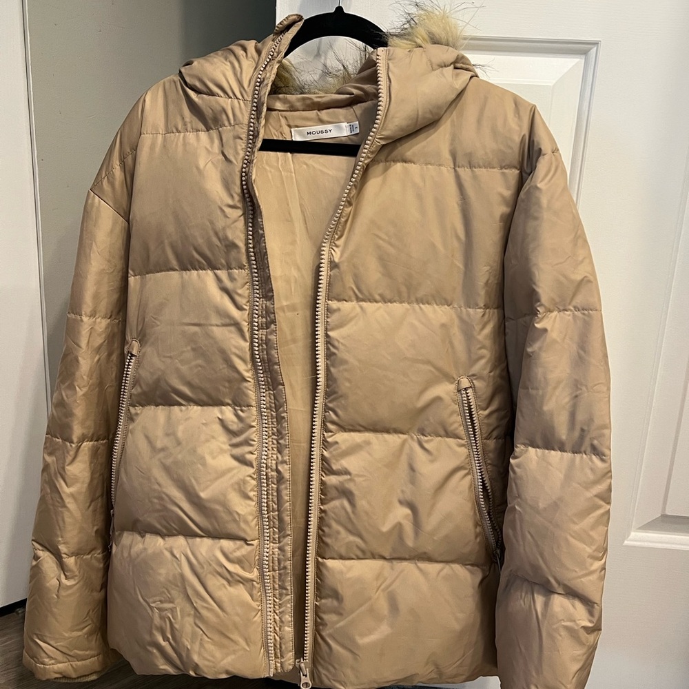 Moussy Tan Puffer Jacket with Hood and Quilted Design